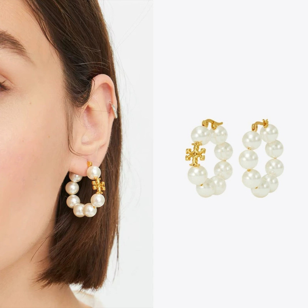 Tory Burch Gold Plated Double Faux Pearl Cross Stud Hoop Earrings